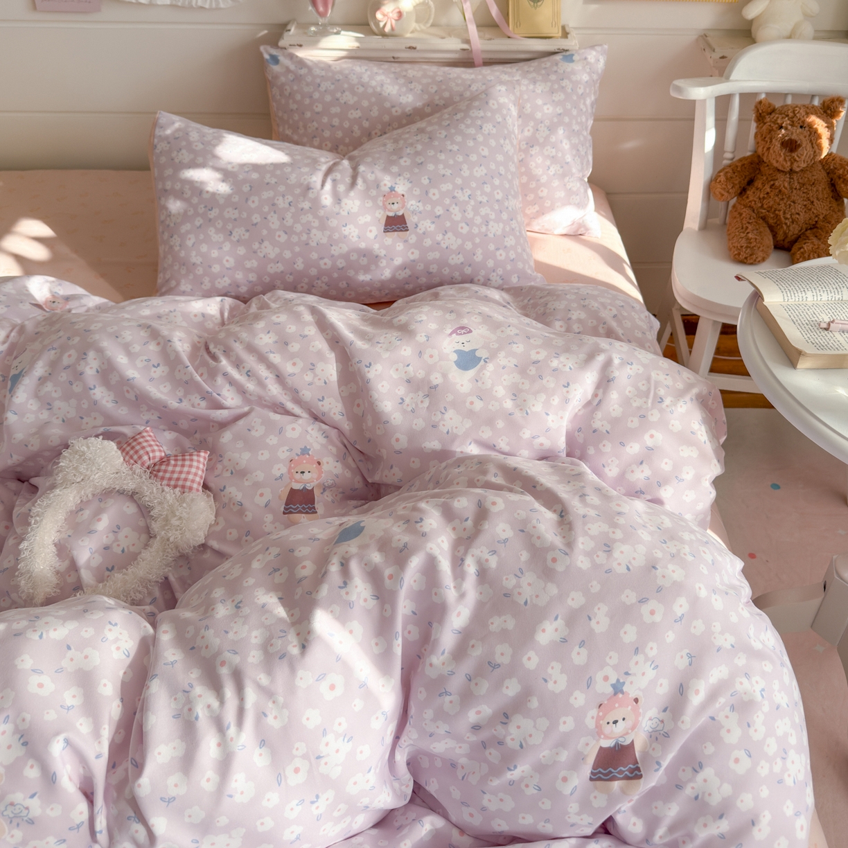 91家纺网 家纺一手货源 找家纺 海岛哥哥 2025新款高克重双层纱糯糯绵印花四件套-萌花系列 萌花系列-兔软软紫