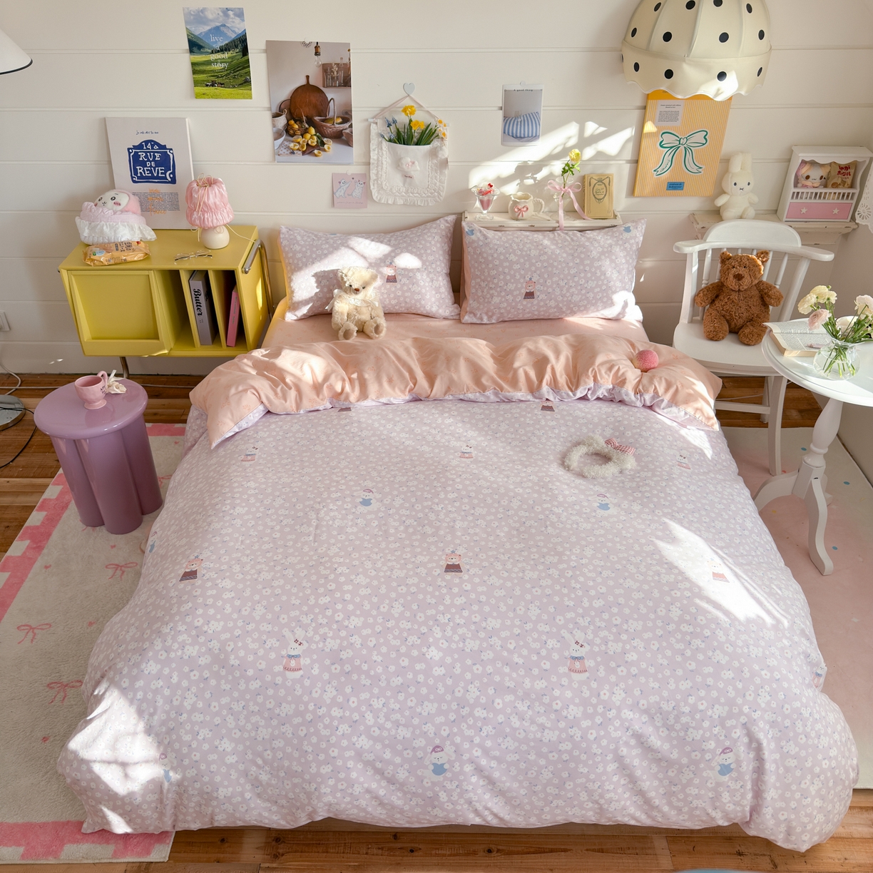 91家纺网 家纺一手货源 找家纺 海岛哥哥 2025新款高克重双层纱糯糯绵印花四件套-萌花系列 萌花系列-兔软软紫