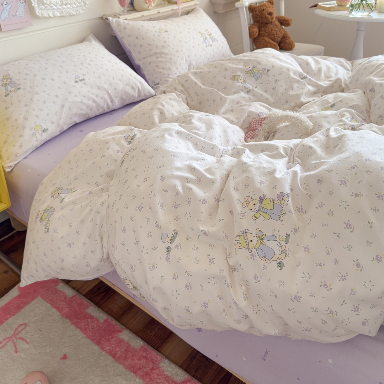 91家纺网 家纺一手货源 找家纺 海岛哥哥 2025新款高克重双层纱糯糯绵印花四件套-萌花系列 萌花系列-兔子花园米