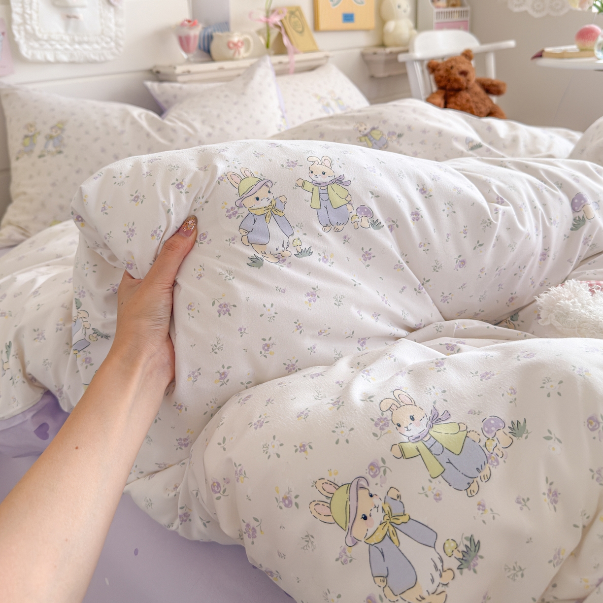 91家纺网 家纺一手货源 找家纺 海岛哥哥 2025新款高克重双层纱糯糯绵印花四件套-萌花系列 萌花系列-兔子花园米