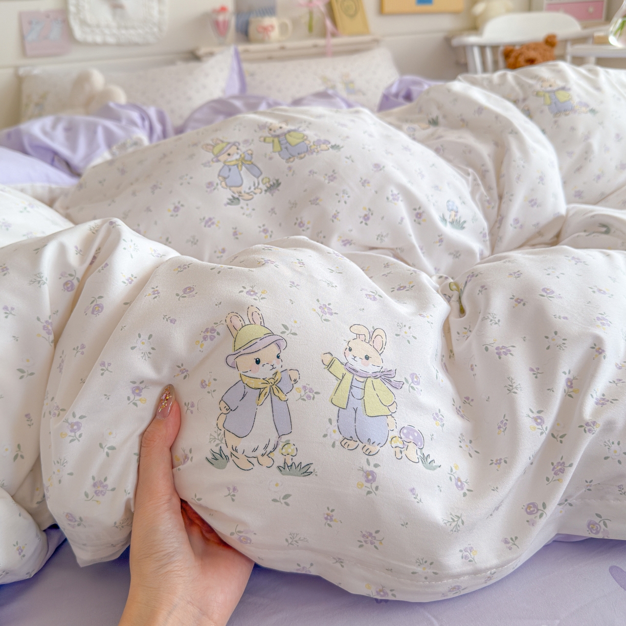 91家纺网 家纺一手货源 找家纺 海岛哥哥 2025新款高克重双层纱糯糯绵印花四件套-萌花系列 萌花系列-兔子花园米