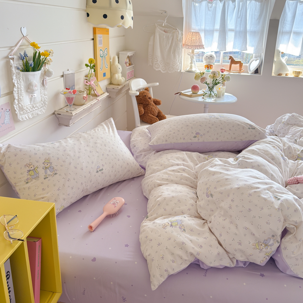 91家纺网 家纺一手货源 找家纺 海岛哥哥 2025新款高克重双层纱糯糯绵印花四件套-萌花系列 萌花系列-兔子花园米