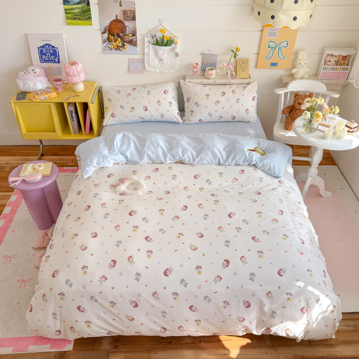 91家纺网 家纺一手货源 找家纺 海岛哥哥 2025新款高克重双层纱糯糯绵印花四件套-萌花系列 萌花系列-小新的好友