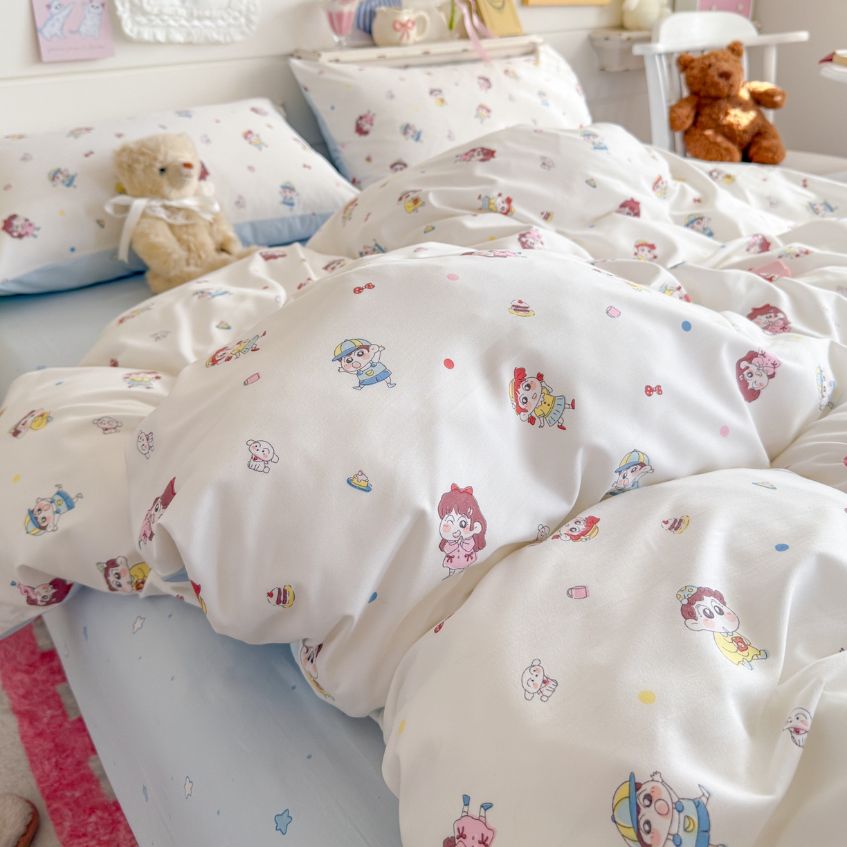 91家纺网 家纺一手货源 找家纺 海岛哥哥 2025新款高克重双层纱糯糯绵印花四件套-萌花系列 萌花系列-小新的好友