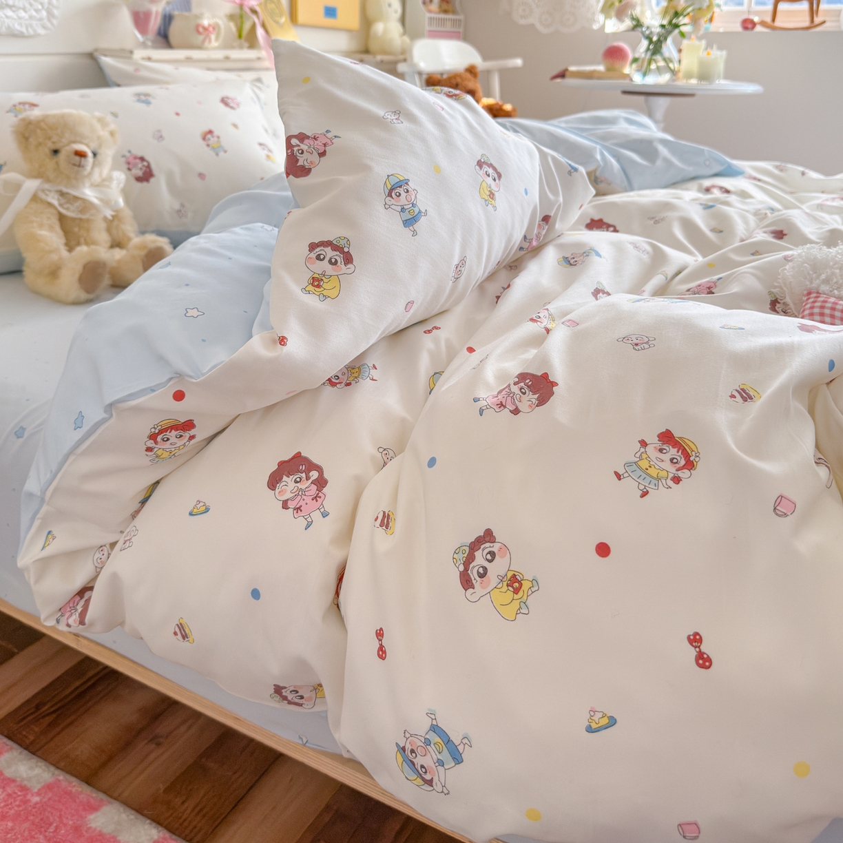 91家纺网 家纺一手货源 找家纺 海岛哥哥 2025新款高克重双层纱糯糯绵印花四件套-萌花系列 萌花系列-小新的好友