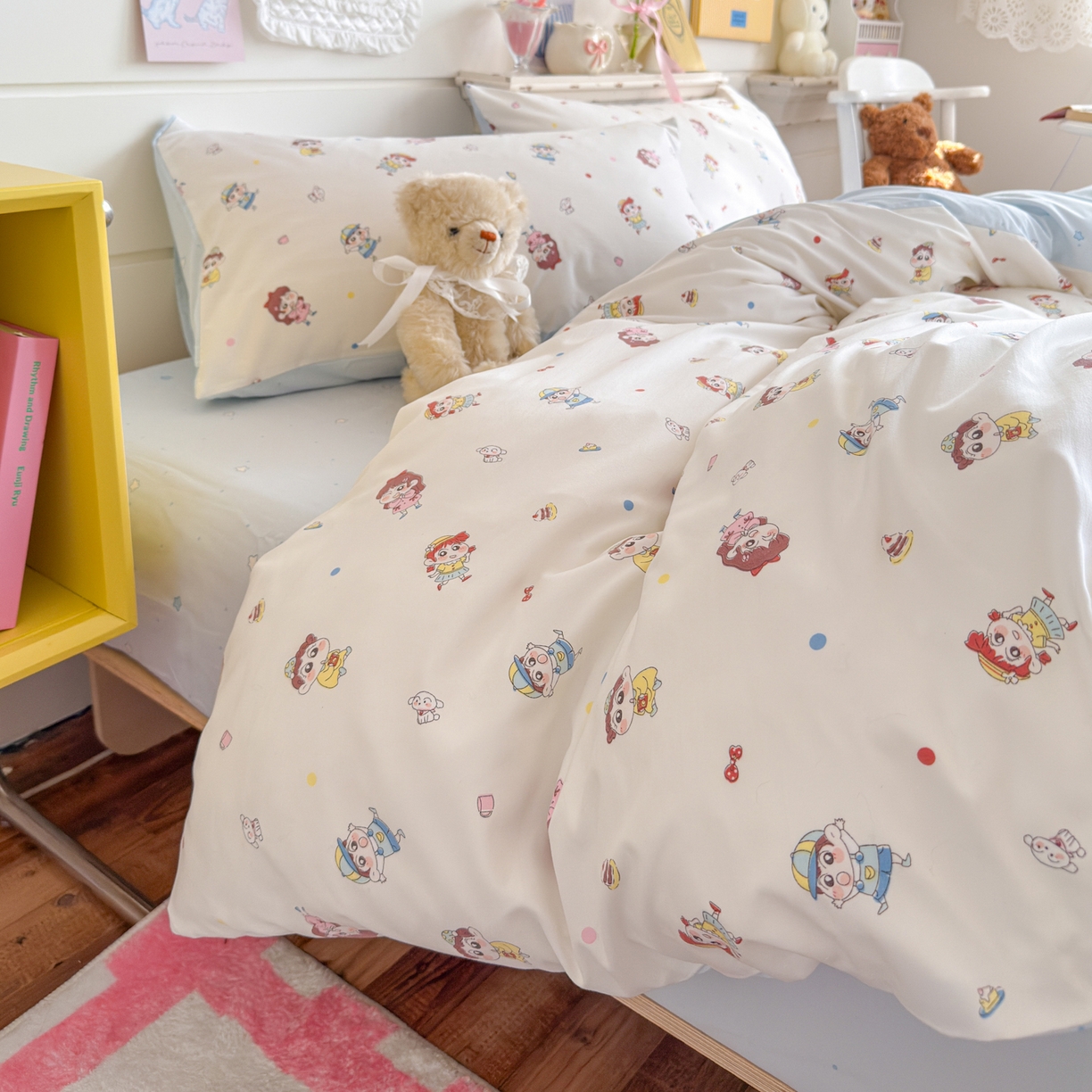 91家纺网 家纺一手货源 找家纺 海岛哥哥 2025新款高克重双层纱糯糯绵印花四件套-萌花系列 萌花系列-小新的好友