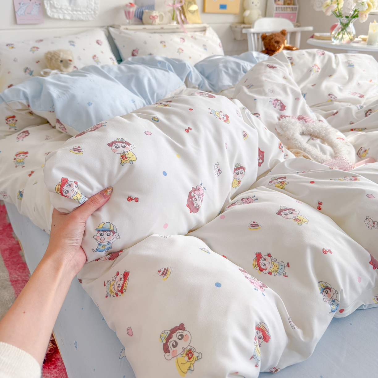 91家纺网 家纺一手货源 找家纺 海岛哥哥 2025新款高克重双层纱糯糯绵印花四件套-萌花系列 萌花系列-小新的好友