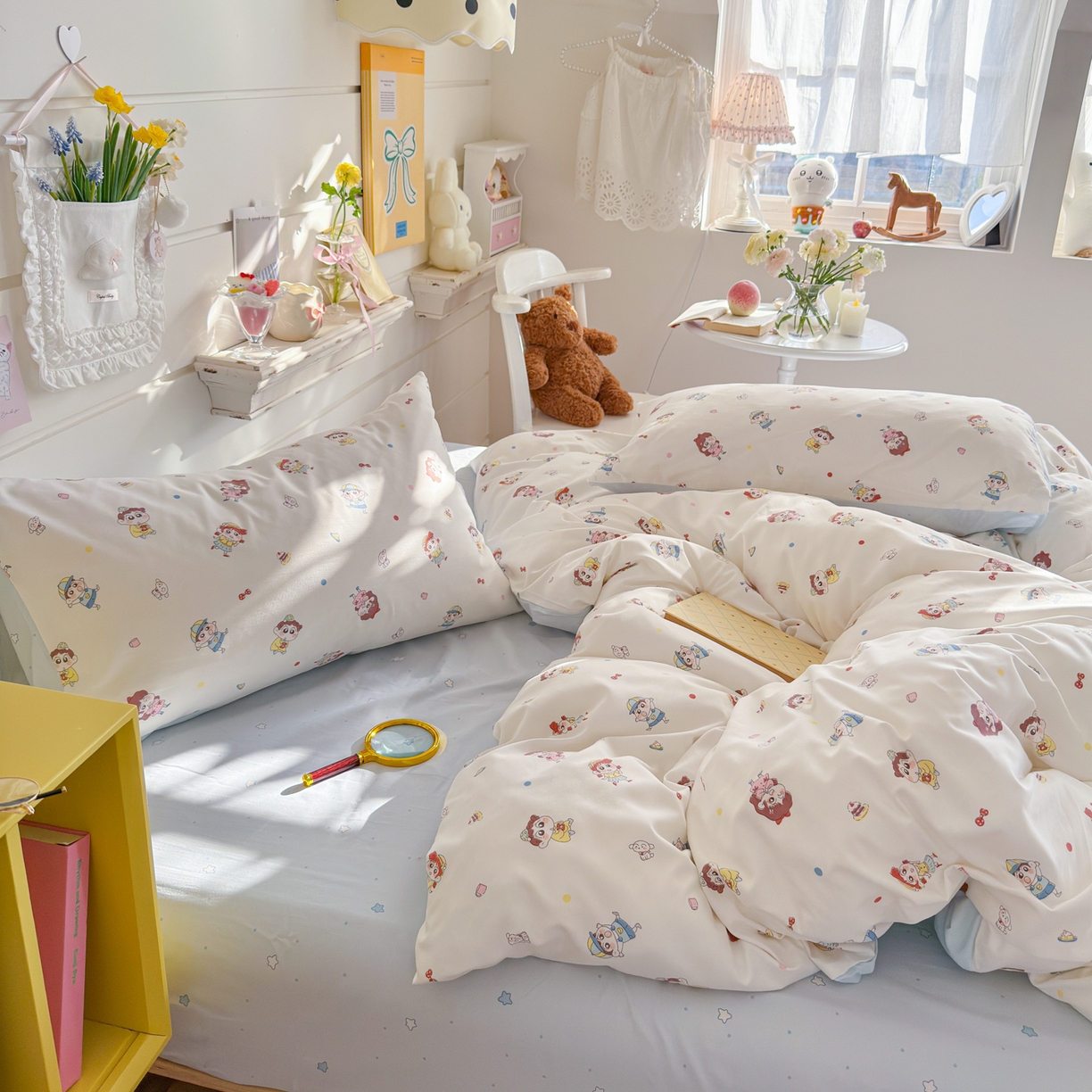 91家纺网 家纺一手货源 找家纺 海岛哥哥 2025新款高克重双层纱糯糯绵印花四件套-萌花系列 萌花系列-小新的好友