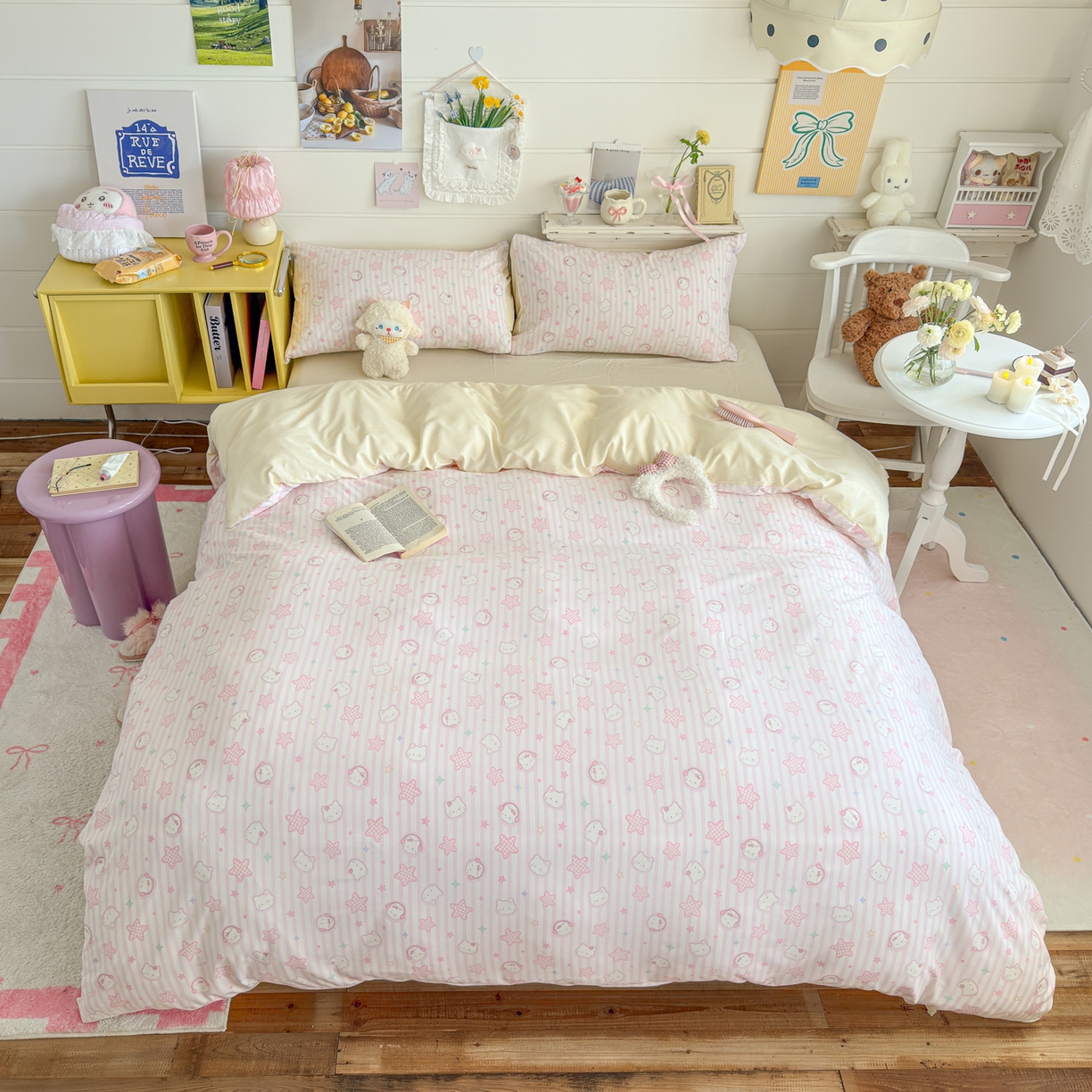 91家纺网 家纺一手货源 找家纺 海岛哥哥 2025新款高克重双层纱糯糯绵印花四件套-萌花系列 萌花系列-星星凯蒂粉