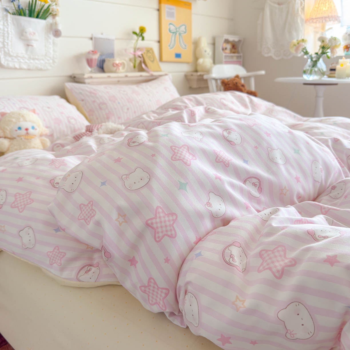 91家纺网 家纺一手货源 找家纺 海岛哥哥 2025新款高克重双层纱糯糯绵印花四件套-萌花系列 萌花系列-星星凯蒂粉