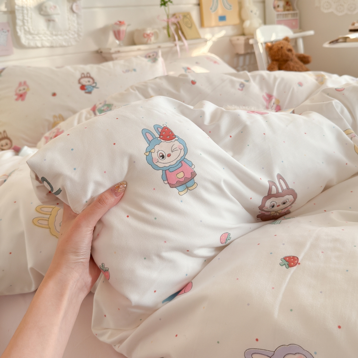 91家纺网 家纺一手货源 找家纺 港岛妹妹 2025新款高克重双层纱糯糯绵印花四件套-萌花系列 萌花系列-娃娃家族