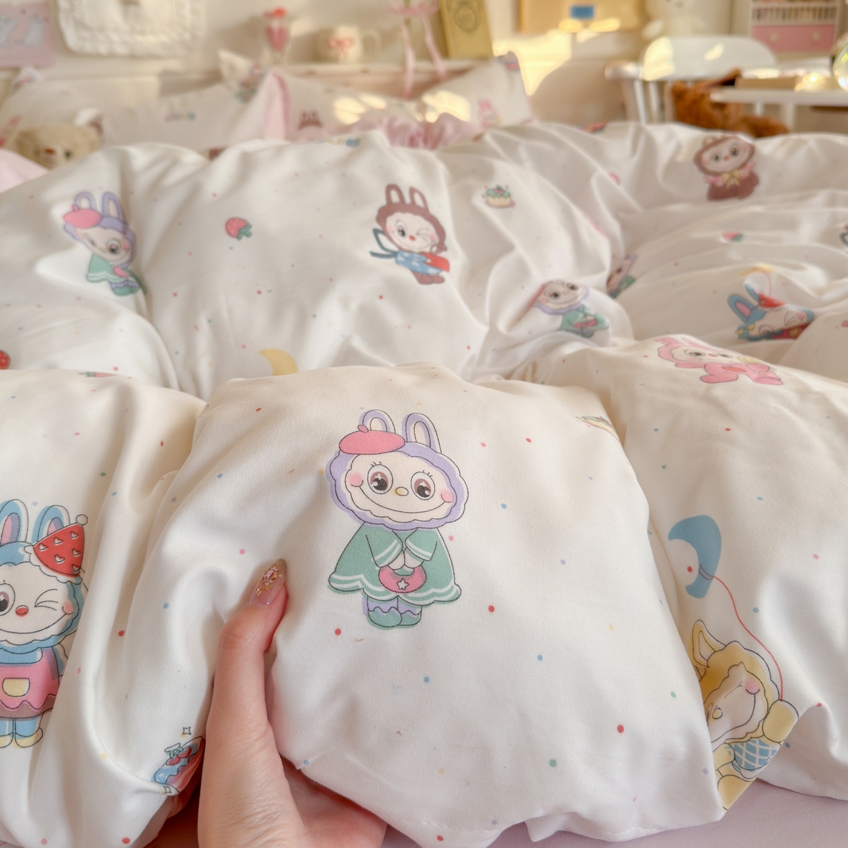 91家纺网 家纺一手货源 找家纺 港岛妹妹 2025新款高克重双层纱糯糯绵印花四件套-萌花系列 萌花系列-娃娃家族