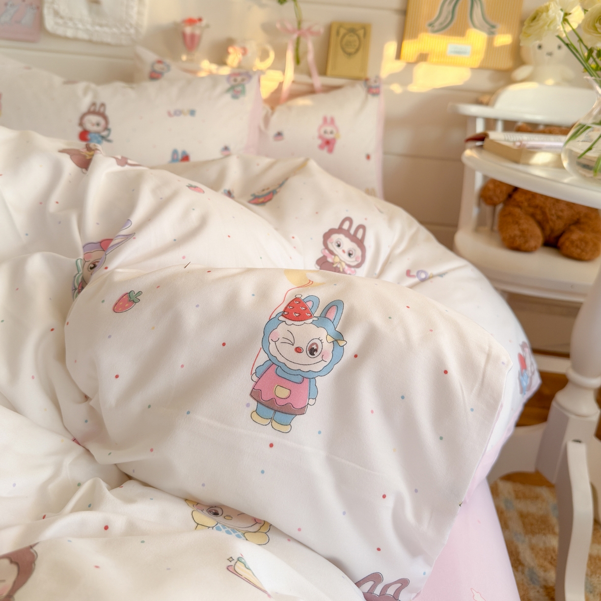 91家纺网 家纺一手货源 找家纺 港岛妹妹 2025新款高克重双层纱糯糯绵印花四件套-萌花系列 萌花系列-娃娃家族