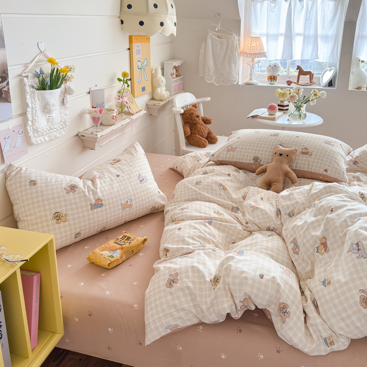 91家纺网 家纺一手货源 找家纺 港岛妹妹 2025新款高克重双层纱糯糯绵印花四件套-萌花系列 萌花系列-格子萌狗