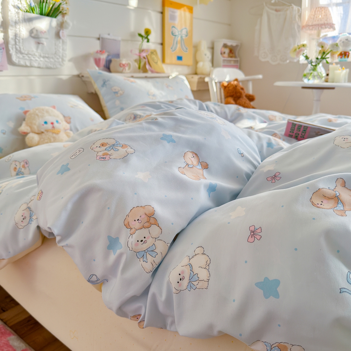 91家纺网 家纺一手货源 找家纺 港岛妹妹 2025新款高克重双层纱糯糯绵印花四件套-萌花系列 萌花系列-奶芙小狗