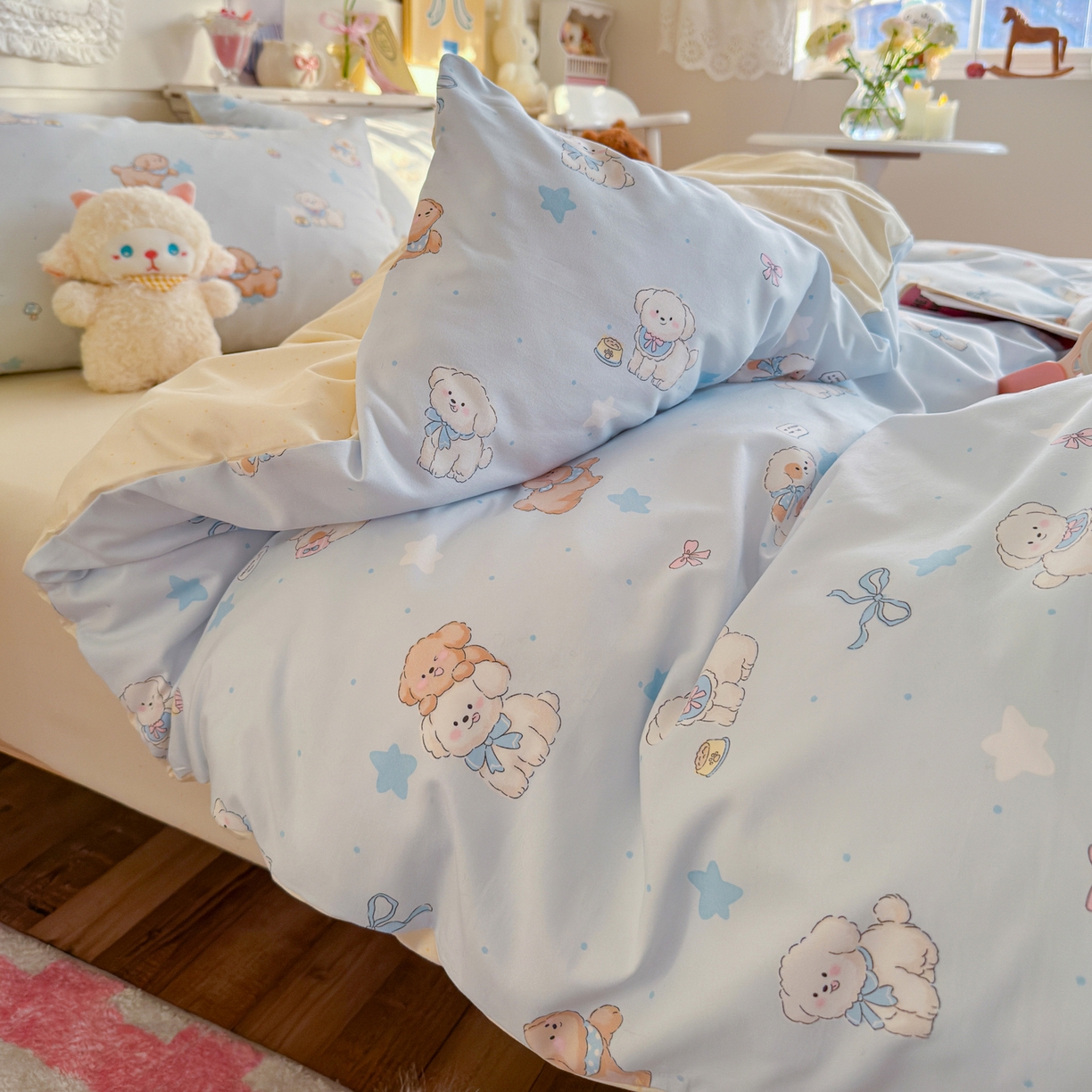 91家纺网 家纺一手货源 找家纺 港岛妹妹 2025新款高克重双层纱糯糯绵印花四件套-萌花系列 萌花系列-奶芙小狗