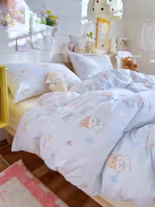 91家纺网 家纺一手货源 找家纺 港岛妹妹 2025新款高克重双层纱糯糯绵印花四件套-萌花系列 萌花系列-奶芙小狗