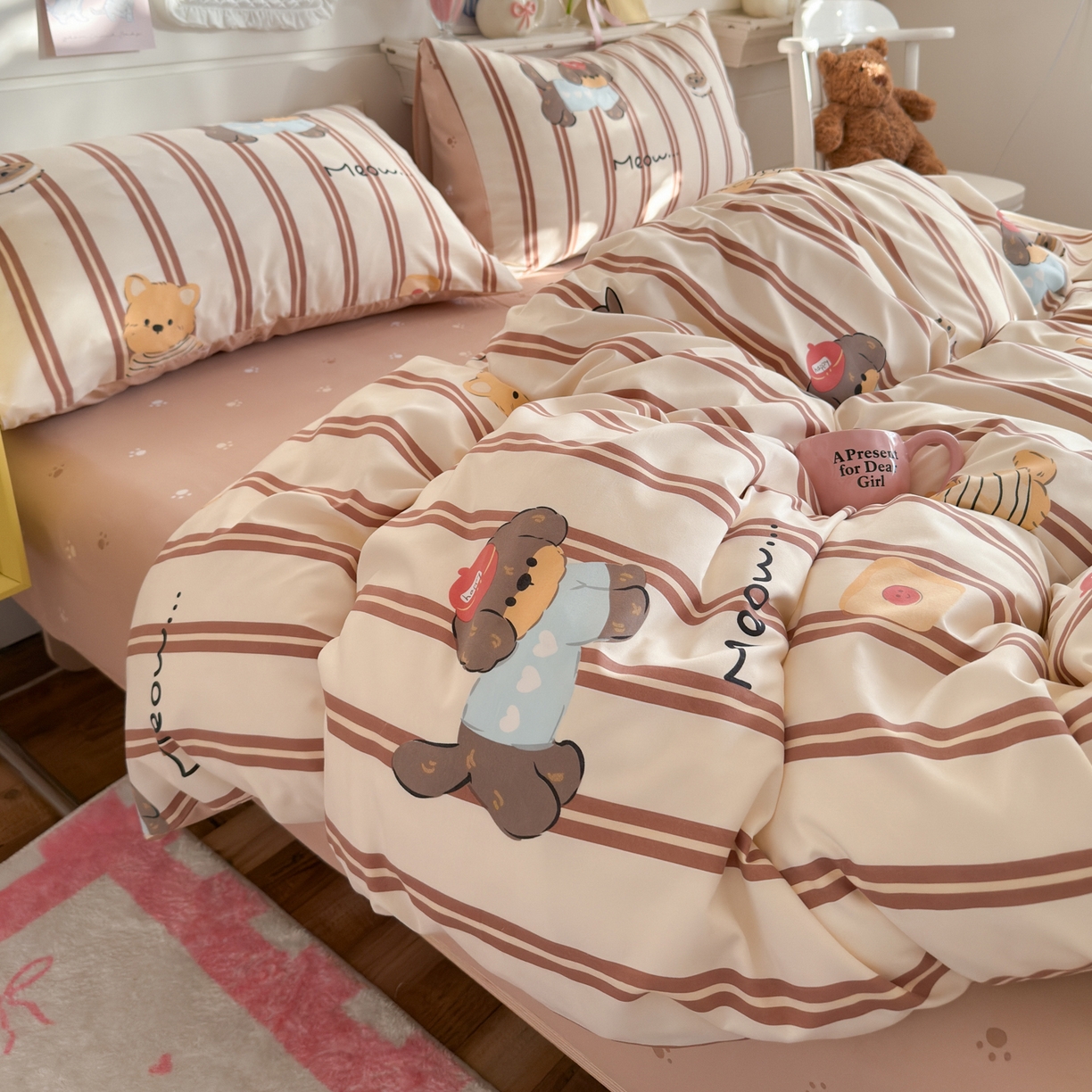 91家纺网 家纺一手货源 找家纺 港岛妹妹 2025新款高克重双层纱糯糯绵印花四件套-萌花系列 萌花系列-巧克力犬