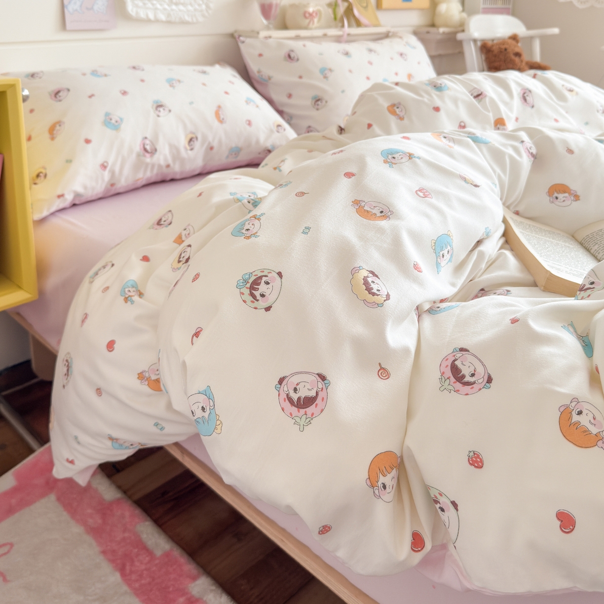 91家纺网 家纺一手货源 找家纺 港岛妹妹 2025新款高克重双层纱糯糯绵印花四件套-萌花系列 萌花系列-甜心女孩