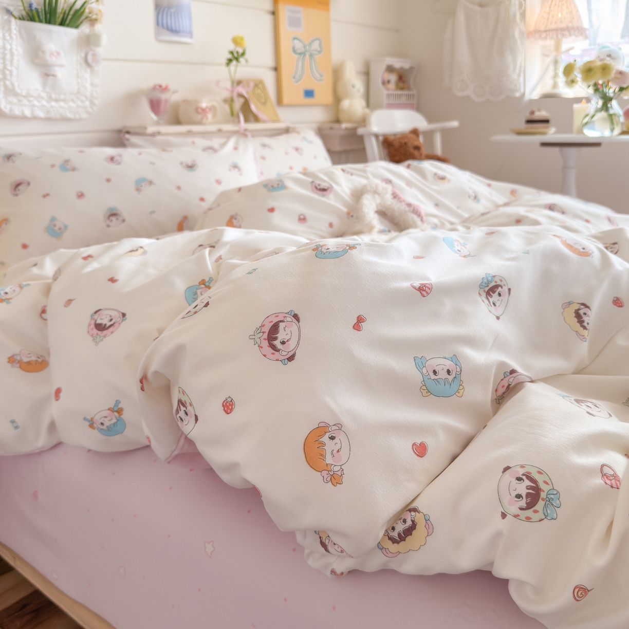 91家纺网 家纺一手货源 找家纺 港岛妹妹 2025新款高克重双层纱糯糯绵印花四件套-萌花系列 萌花系列-甜心女孩