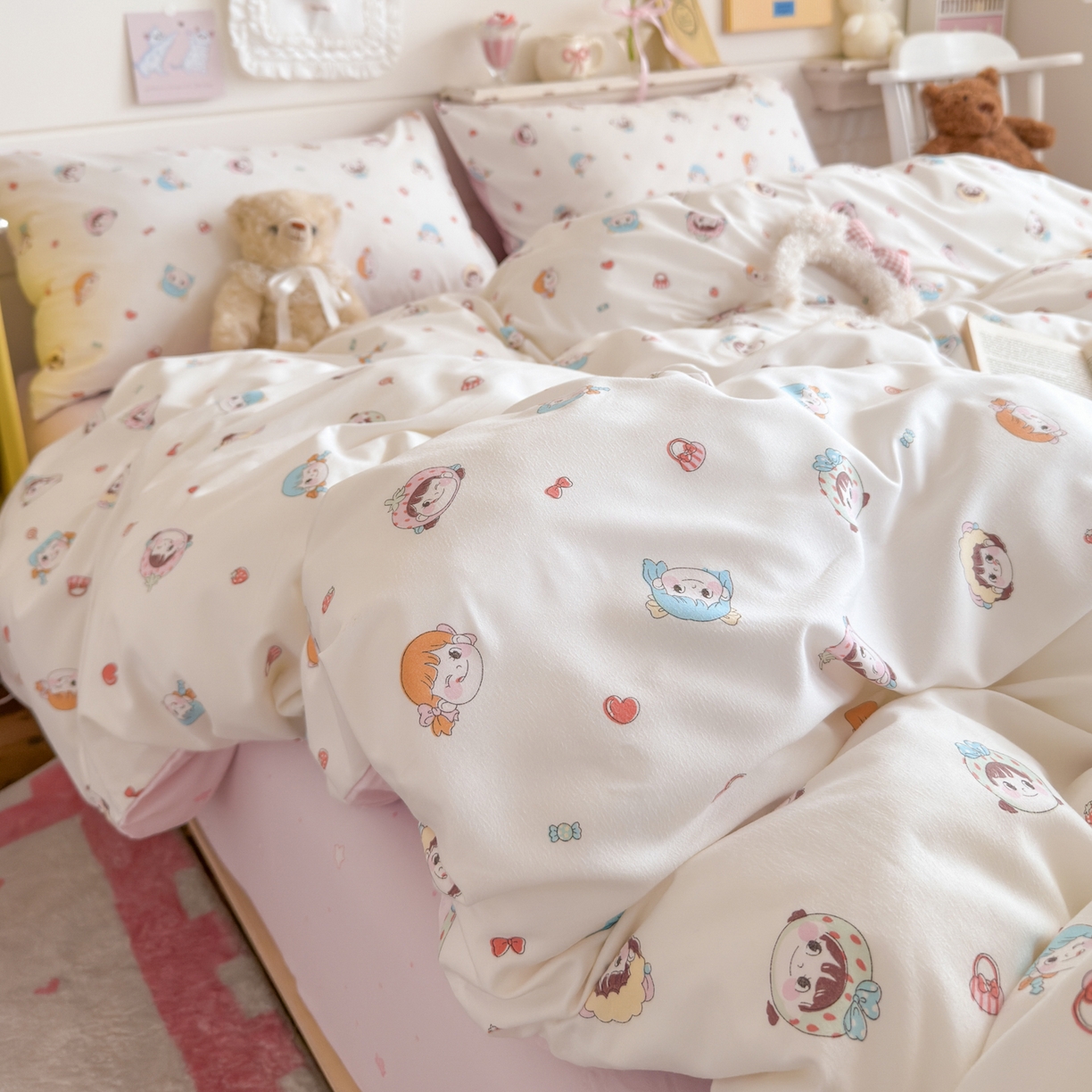 91家纺网 家纺一手货源 找家纺 港岛妹妹 2025新款高克重双层纱糯糯绵印花四件套-萌花系列 萌花系列-甜心女孩