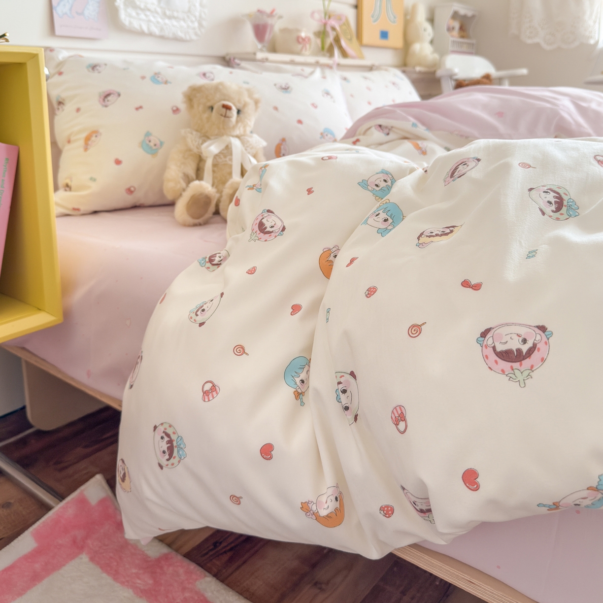 91家纺网 家纺一手货源 找家纺 港岛妹妹 2025新款高克重双层纱糯糯绵印花四件套-萌花系列 萌花系列-甜心女孩