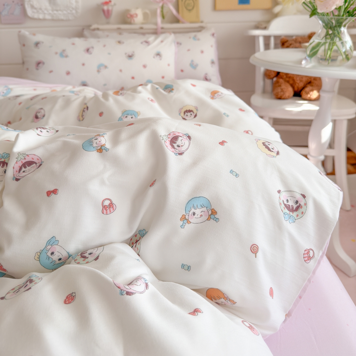 91家纺网 家纺一手货源 找家纺 港岛妹妹 2025新款高克重双层纱糯糯绵印花四件套-萌花系列 萌花系列-甜心女孩