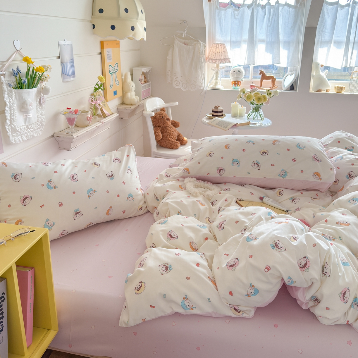 91家纺网 家纺一手货源 找家纺 港岛妹妹 2025新款高克重双层纱糯糯绵印花四件套-萌花系列 萌花系列-甜心女孩