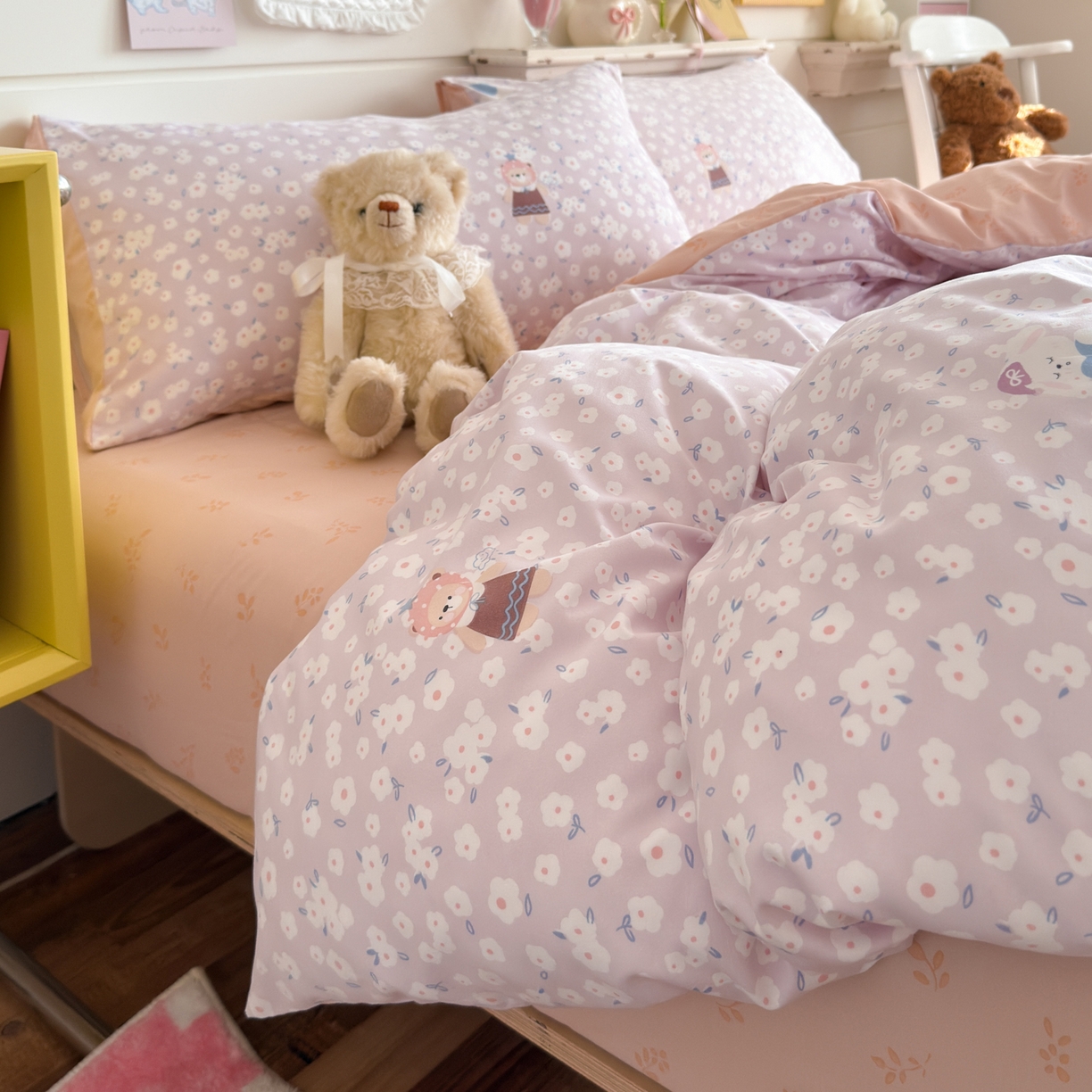 91家纺网 家纺一手货源 找家纺 港岛妹妹 2025新款高克重双层纱糯糯绵印花四件套-萌花系列 萌花系列-兔软软紫