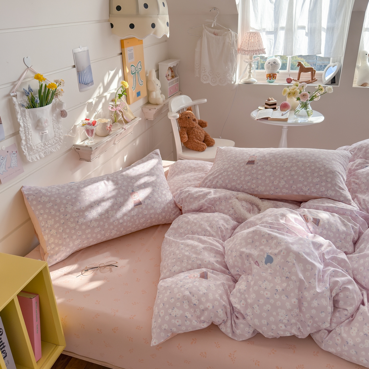 91家纺网 家纺一手货源 找家纺 港岛妹妹 2025新款高克重双层纱糯糯绵印花四件套-萌花系列 萌花系列-兔软软紫