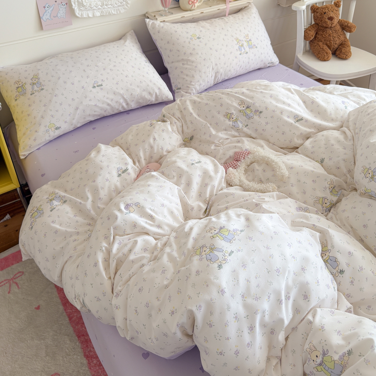 港岛妹妹 2025新款高克重双层纱糯糯绵印花四件套-萌花系列 萌花系列-兔子花园米