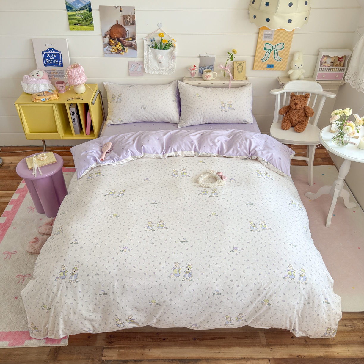 91家纺网 家纺一手货源 找家纺 港岛妹妹 2025新款高克重双层纱糯糯绵印花四件套-萌花系列 萌花系列-兔子花园米