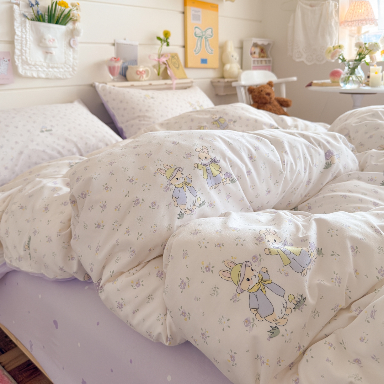 91家纺网 家纺一手货源 找家纺 港岛妹妹 2025新款高克重双层纱糯糯绵印花四件套-萌花系列 萌花系列-兔子花园米