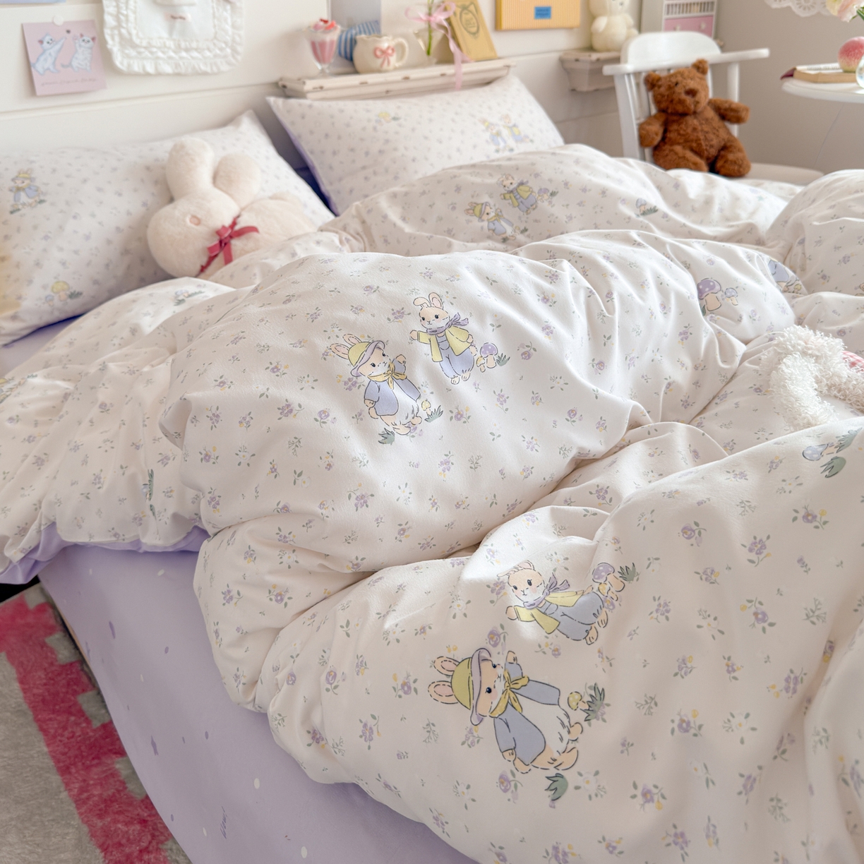 91家纺网 家纺一手货源 找家纺 港岛妹妹 2025新款高克重双层纱糯糯绵印花四件套-萌花系列 萌花系列-兔子花园米