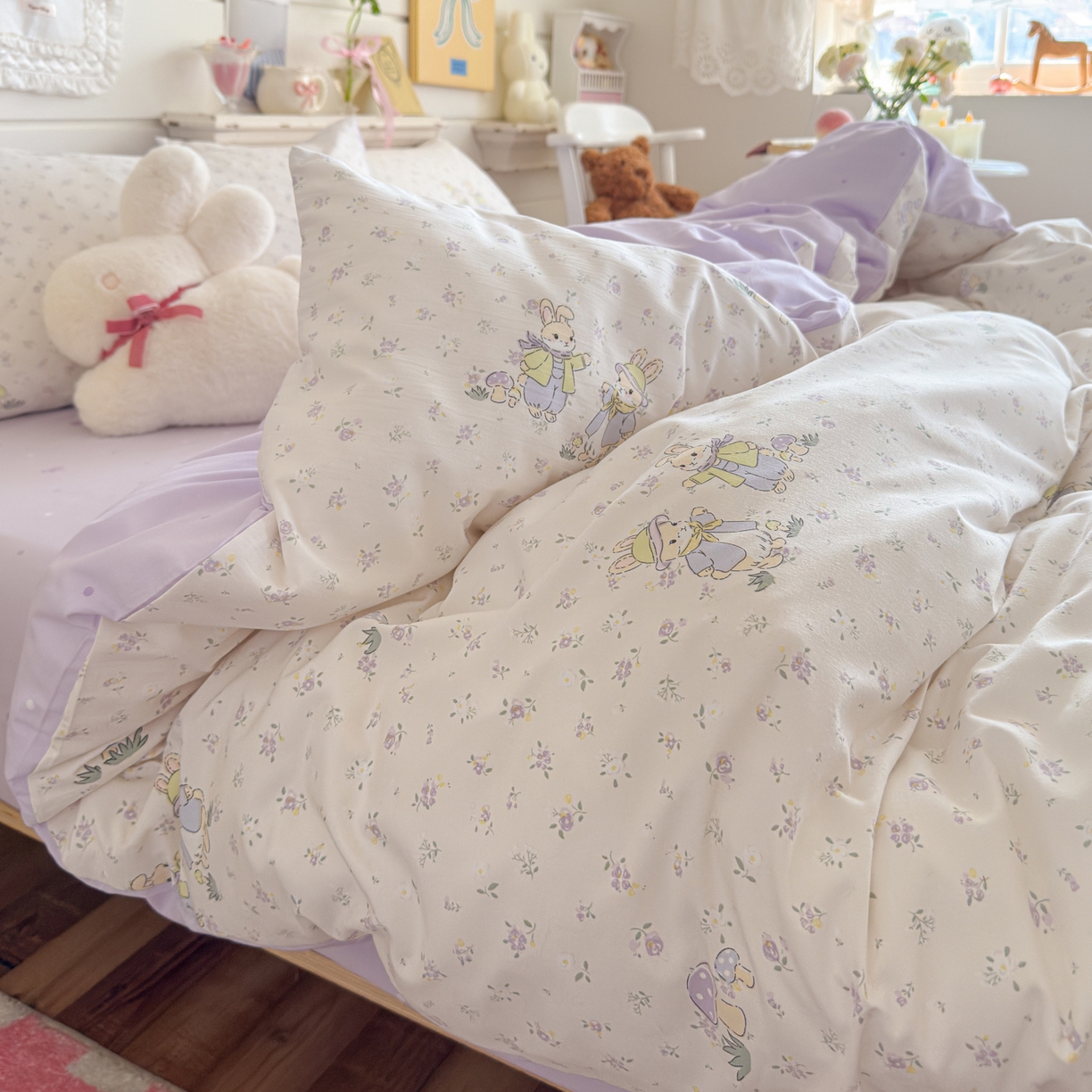 91家纺网 家纺一手货源 找家纺 港岛妹妹 2025新款高克重双层纱糯糯绵印花四件套-萌花系列 萌花系列-兔子花园米