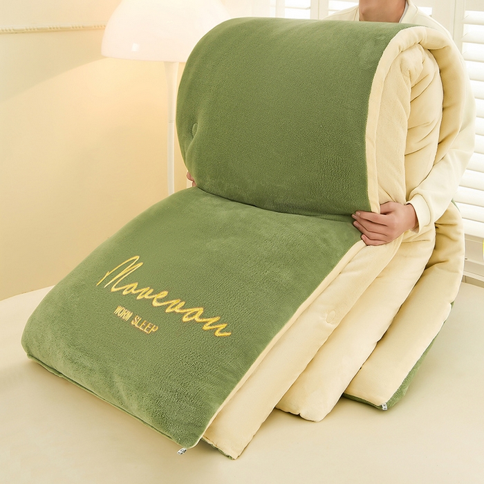 91家纺网 家纺一手货源 找家纺 金柚子家纺 2025新款牛奶绒刺绣冬被 抹茶绿