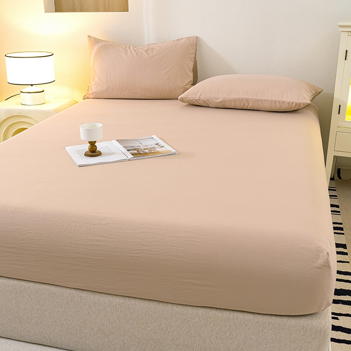 91家纺网 家纺一手货源 找家纺 桔禾家纺 2025新款水洗皱皱云感棉纯色床笠 奶茶驼