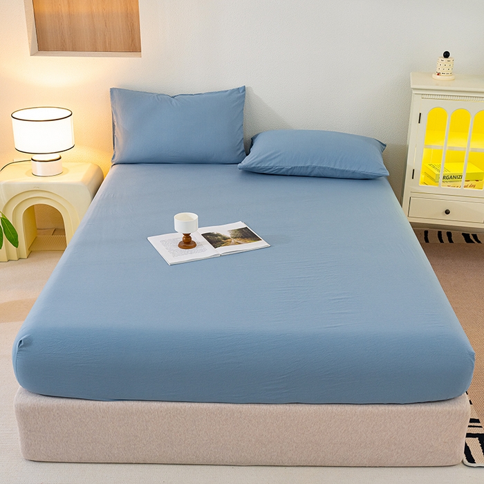 91家纺网 家纺一手货源 找家纺 桔禾家纺 2025新款水洗皱皱云感棉纯色床笠 宾利蓝