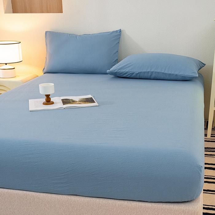 91家纺网 家纺一手货源 找家纺 桔禾家纺 2025新款水洗皱皱云感棉纯色床笠 宾利蓝