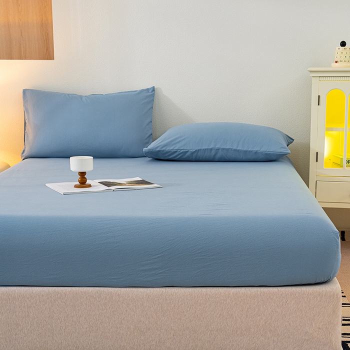 91家纺网 家纺一手货源 找家纺 桔禾家纺 2025新款水洗皱皱云感棉纯色床笠 宾利蓝