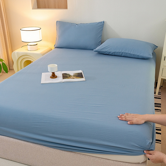 91家纺网 家纺一手货源 找家纺 桔禾家纺 2025新款水洗皱皱云感棉纯色床笠 宾利蓝