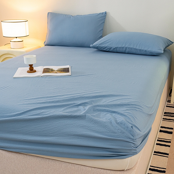 91家纺网 家纺一手货源 找家纺 桔禾家纺 2025新款水洗皱皱云感棉纯色床笠 宾利蓝