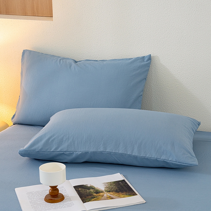 91家纺网 家纺一手货源 找家纺 桔禾家纺 2025新款水洗皱皱云感棉纯色床笠 宾利蓝