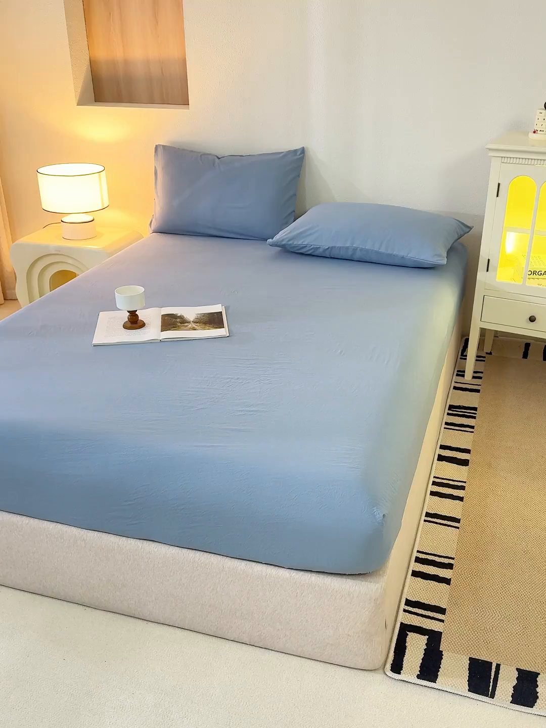 91家纺网 家纺一手货源 找家纺 桔禾家纺 2025新款水洗皱皱云感棉纯色床笠 宾利蓝