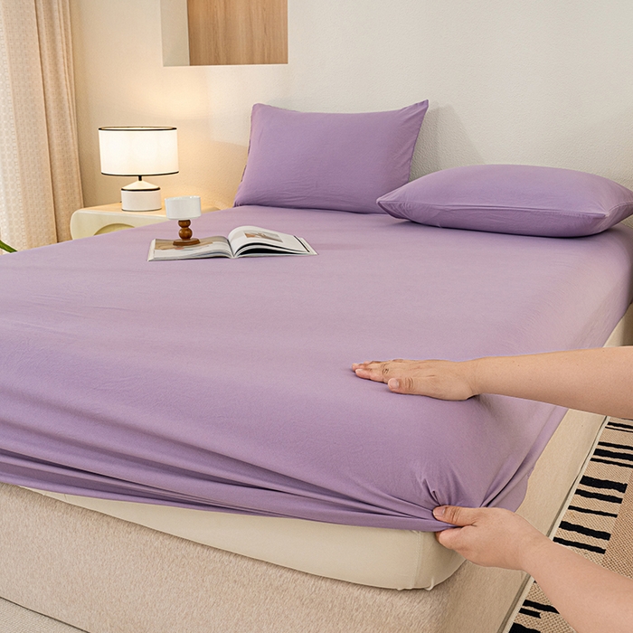 桔禾家纺 2025新款水洗皱皱云感棉纯色床笠 富贵紫