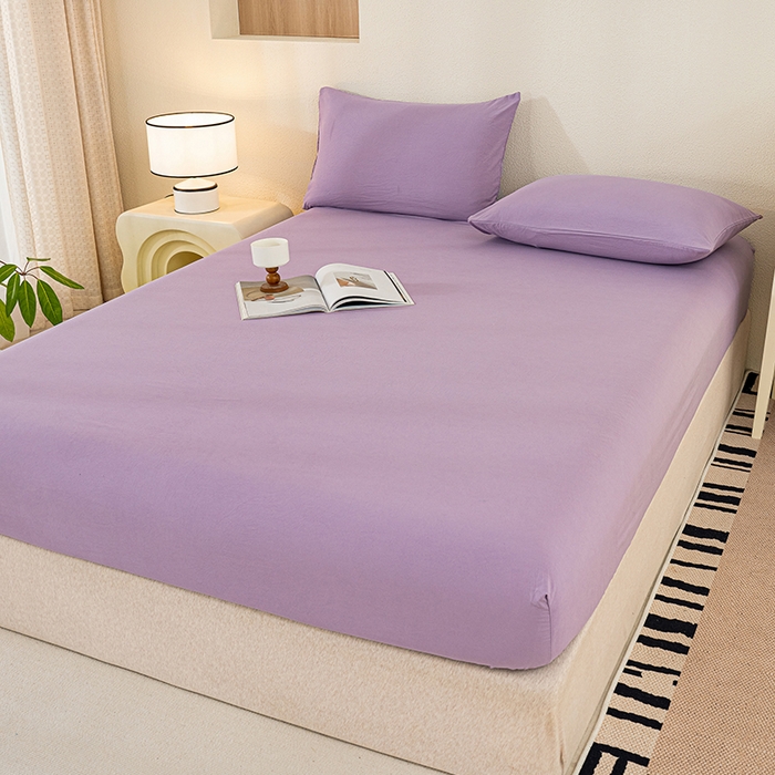 91家纺网 家纺一手货源 找家纺 桔禾家纺 2025新款水洗皱皱云感棉纯色床笠 富贵紫