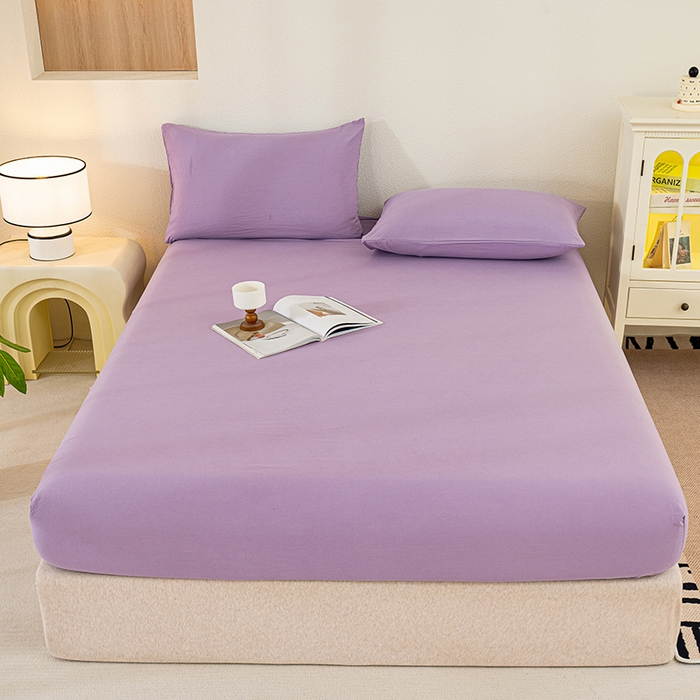 91家纺网 家纺一手货源 找家纺 桔禾家纺 2025新款水洗皱皱云感棉纯色床笠 富贵紫