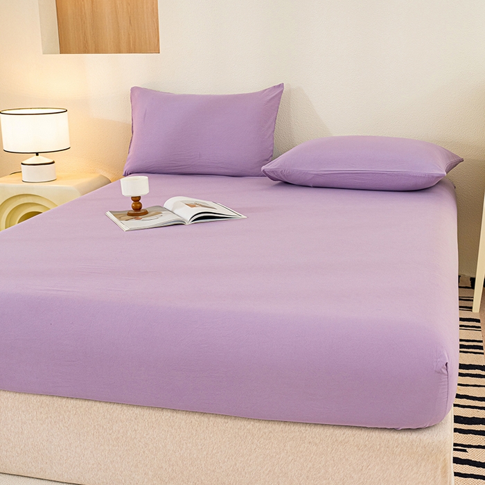 91家纺网 家纺一手货源 找家纺 桔禾家纺 2025新款水洗皱皱云感棉纯色床笠 富贵紫