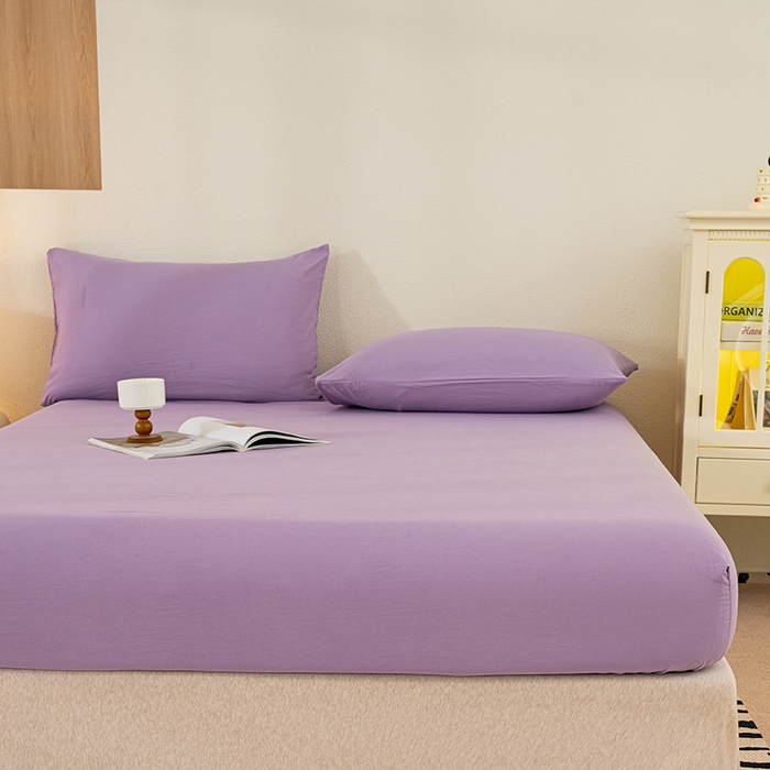 91家纺网 家纺一手货源 找家纺 桔禾家纺 2025新款水洗皱皱云感棉纯色床笠 富贵紫