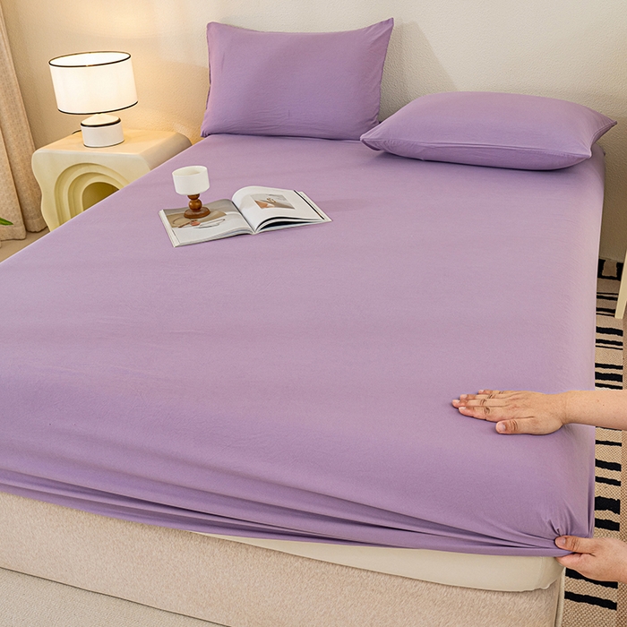 91家纺网 家纺一手货源 找家纺 桔禾家纺 2025新款水洗皱皱云感棉纯色床笠 富贵紫